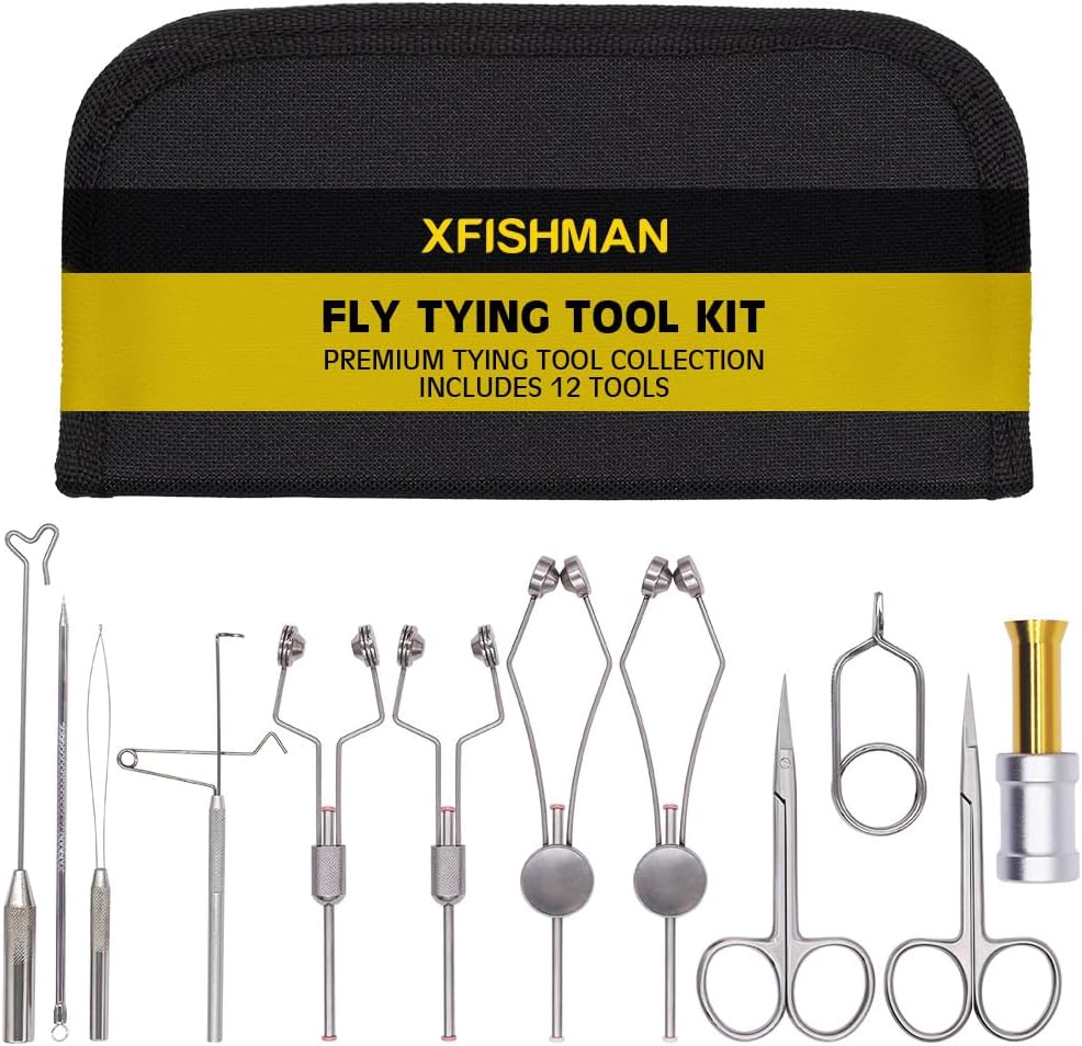 XFISHMAN Fly Tying Tool Kit 12 in 1 with Bobbin Finisher Scissors Hackle Hair Stacker Fly Fishing Tying Tools Set