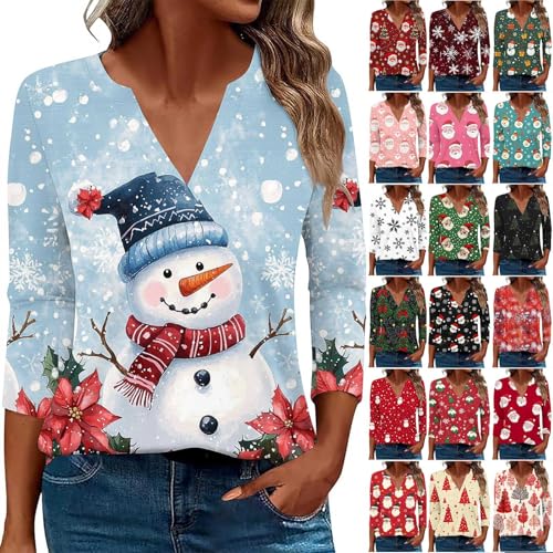 Image of Women Christmas Jumpers Funny Graphic Tshirts Xmas Sweatshirt Pullover Tops Blouse Ladies Christmas Sweat Shirt Printed V-Neck 3/4 Sleeves Loose Fashion Top