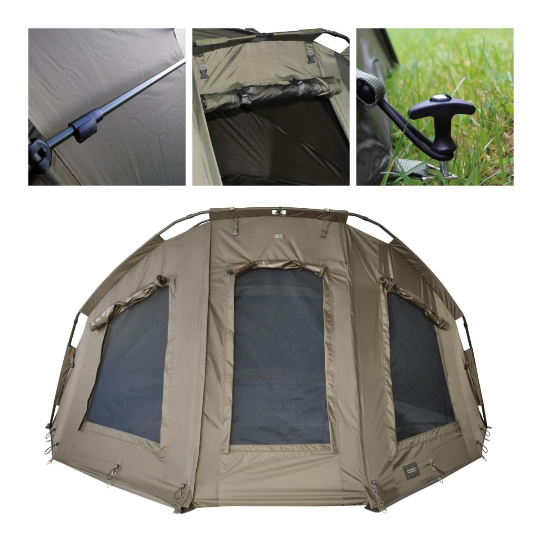 MK-Angelsport 5 Seasons 3,5 Mann Angelzelt Bivvy – Wasserdicht 10.000 mm, schneller Aufbau, 1,8 m Höhe, Moskito- & Klarsichtfenster, inkl. Bodenplane & Tragetasche