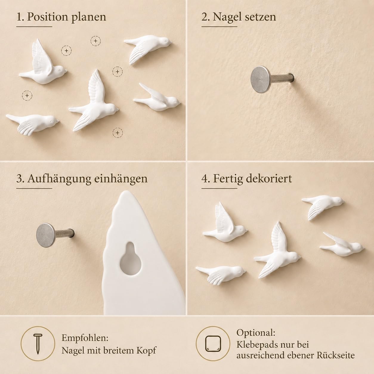 Boho Wanddeko Vögel Set aus Keramik 5er Set Weiß Matt Minimalistische Wanddeko