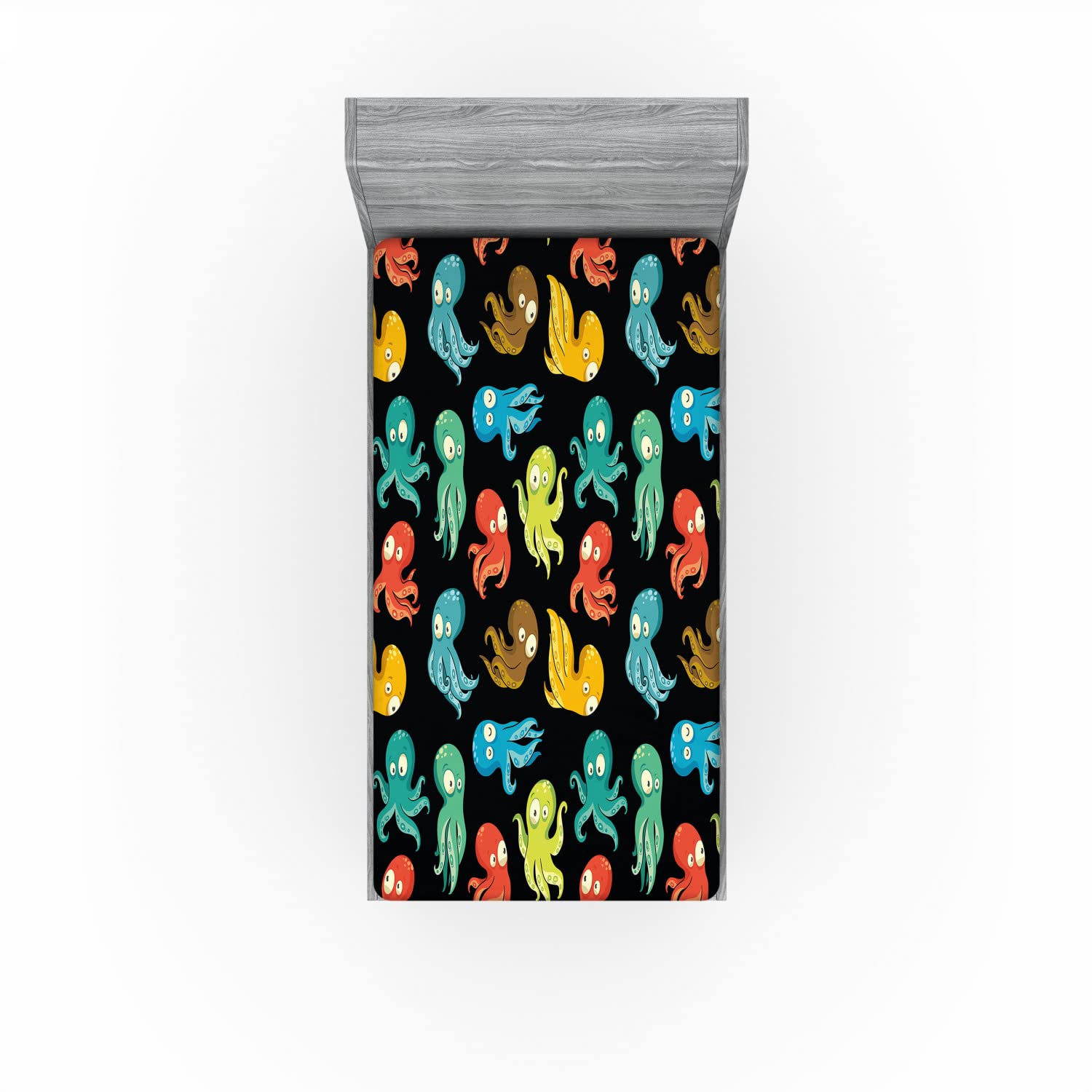 Ambesonne Octopus 2 Pack Fitted Sheet, Funny Sea Characters, Bed Cover All-Round Elastic Deep Pockets 2 Pieces, Package Contains 2 Twin Size Fitted Sheets, Black Aqua