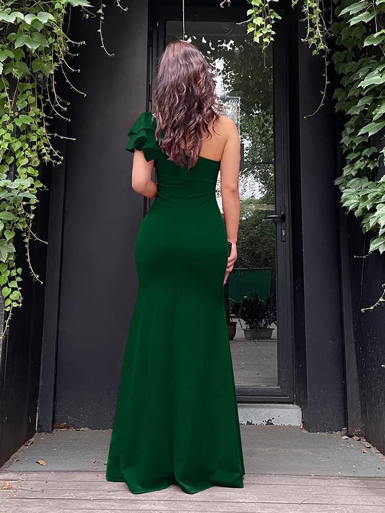 YMDUCH Women's Sexy Sleeveless One Shoulder Ruffle High Split Party Evening Long Formal Dress - Image 4