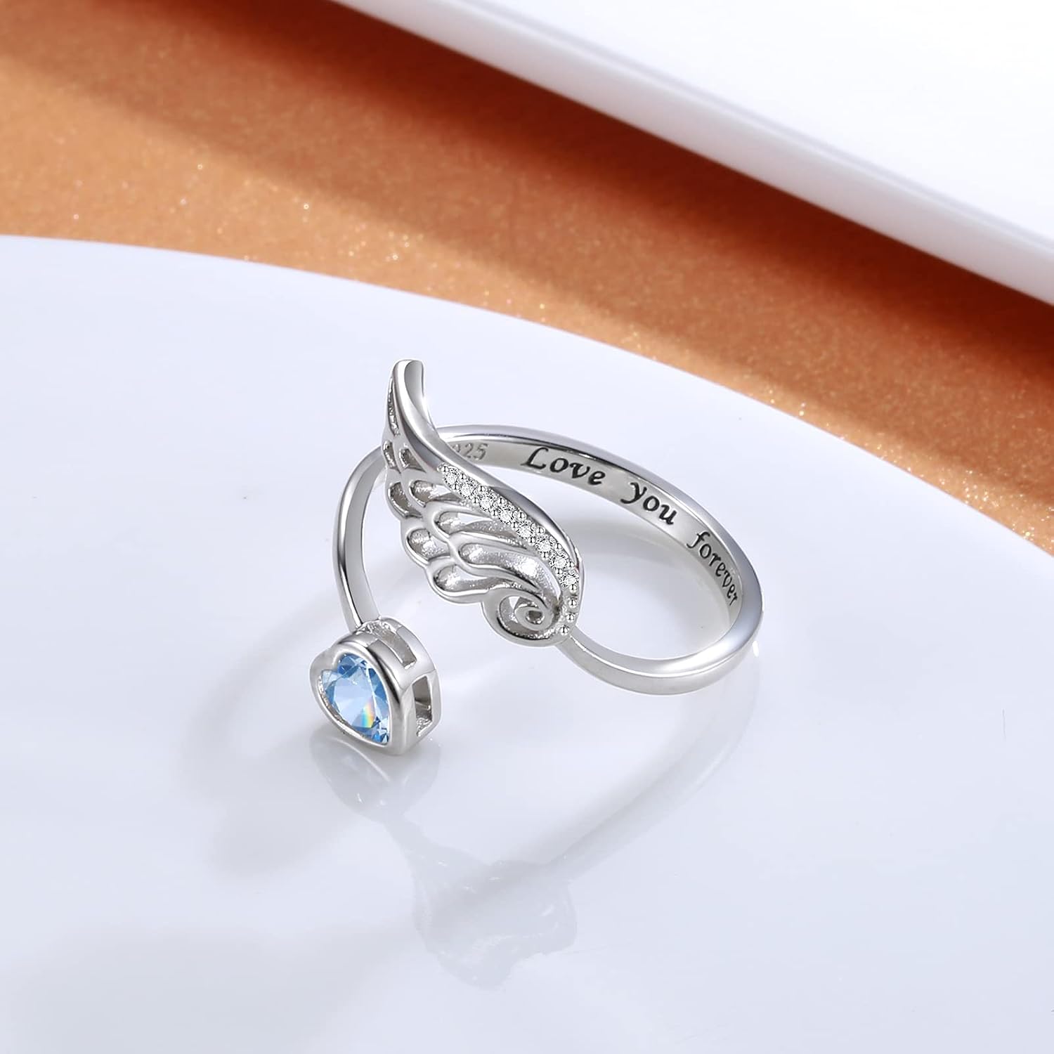 Birthstone Wing Necklace and Ring 925 Sterling Silver Guardian Angel Wing Feather Pendant Necklace Jewelry Gift for Women Girls
