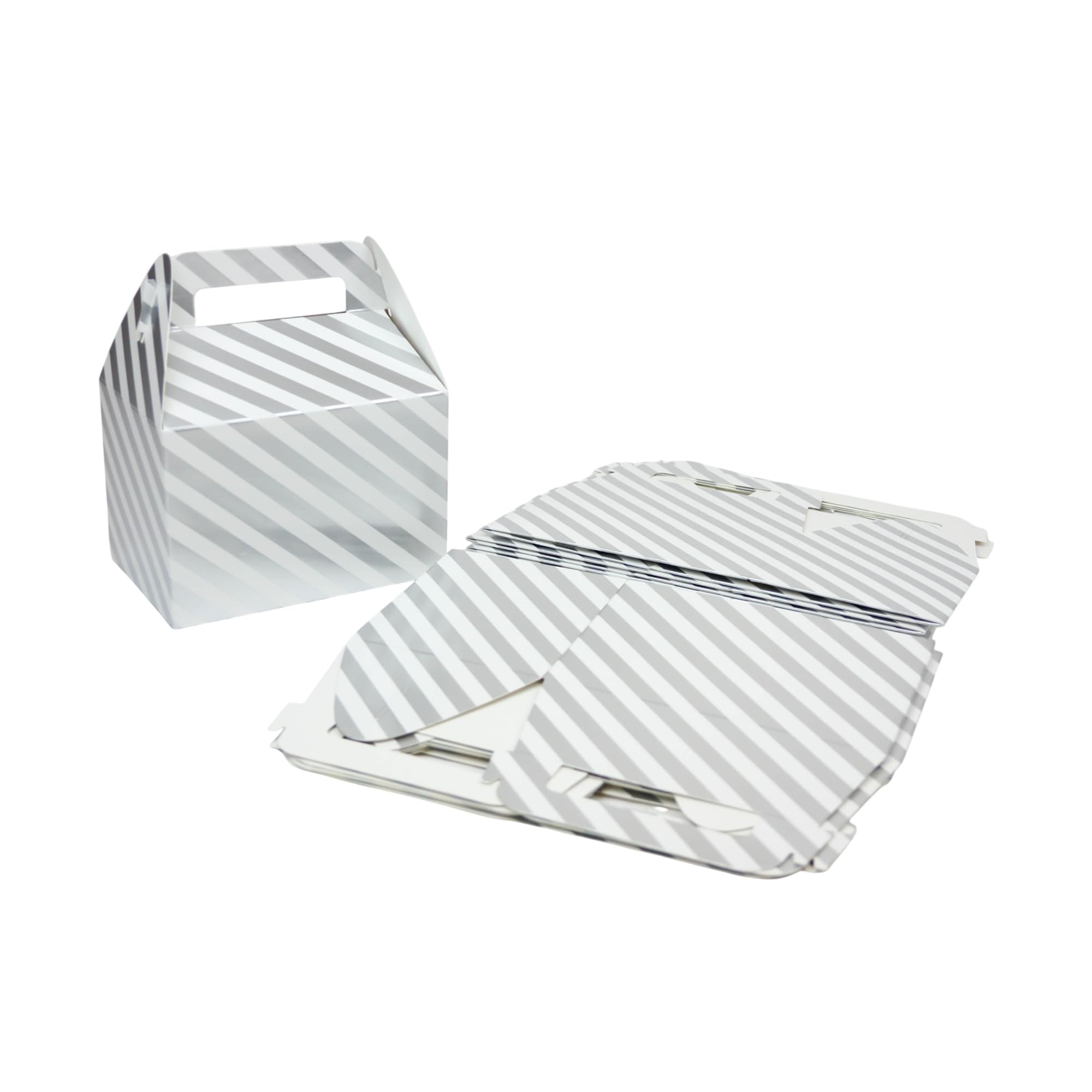 Emartbuy Silver Striped Gable Gift Boxes – 15.2 x 11 x 10 cm – Bulk Reusable Favour Boxes for Candy, Chocolates, and Return Gifts – Pack of 96
