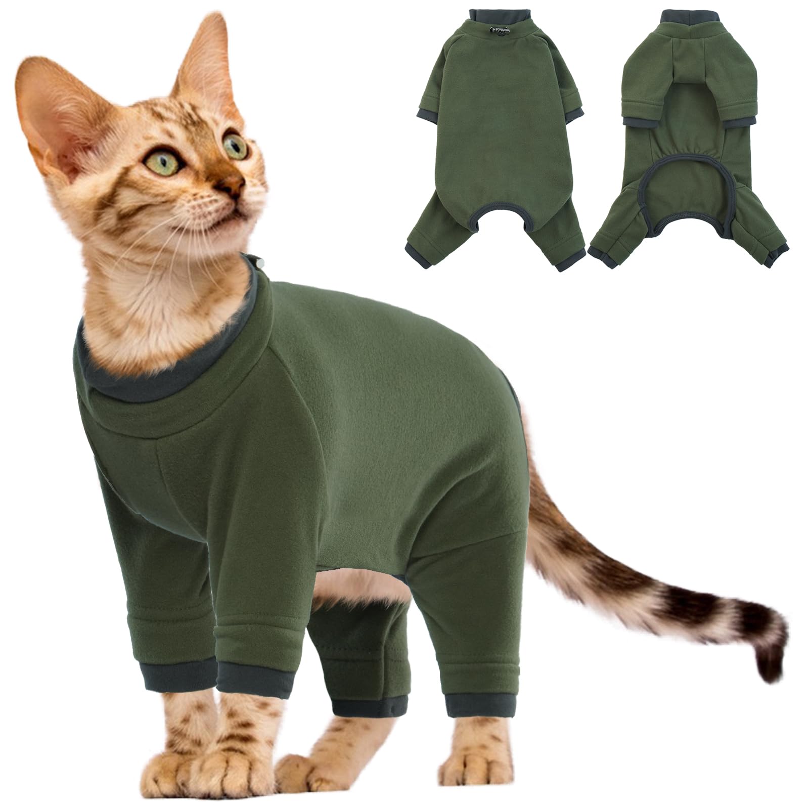 Chaleco Polar para Gatos, Chaqueta de Invierno Abrigo Otoño Invierno Caliente Pullover Suave Fleece Onesie Felpa para Gatos Body Postoperatorio(Verde Militar, M)