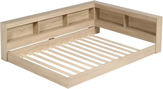 4ft6 Double Bed Frame with Storage Compartments & Slatted Frame, Household Low Platform Floor Bed for Adults Kids Teenagers, Multifunctional Storage Beds Guest Beds, MDF+Plywood, White Oak, 135x190cm