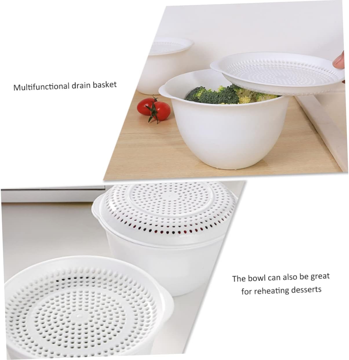 Microwavable Double Layer Drain Bowl for Fruit and Salad, White image 3