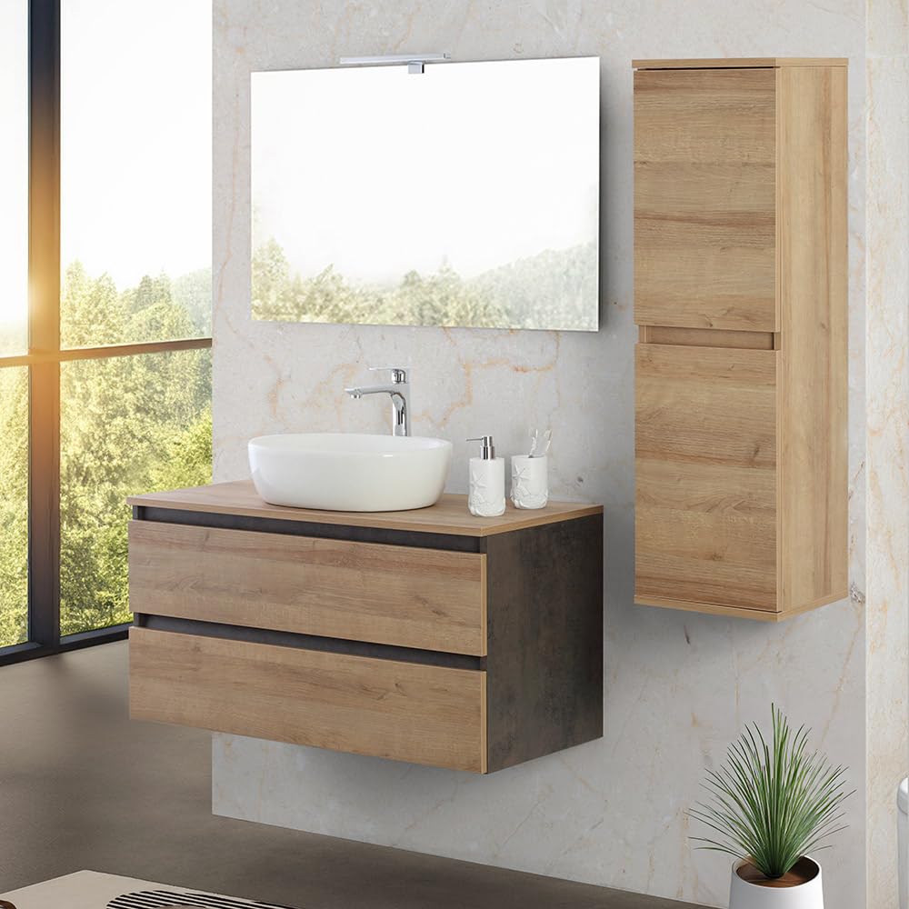 Pensile bagno sospeso 112 cm rovere africa con 2 ante reversibili soft-close e ripiani interni fissi, KLEO