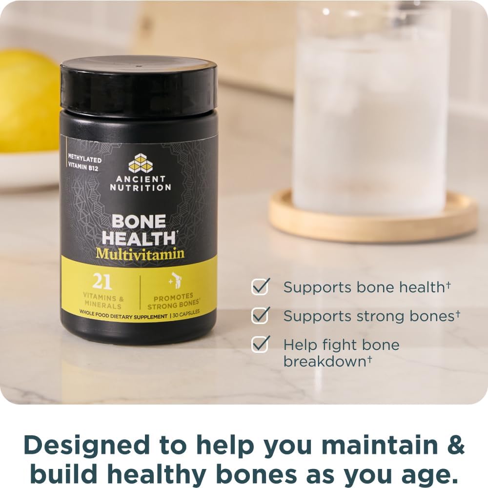 Ancient Nutrition Bone Health Multivitamin, Supports Bone Density, Bone Building & Remodeling, 21 Vitamins & Minerals with Milk Protein Peptides, Methylated B Vitamins & Chelated Minerals, 30 Servings