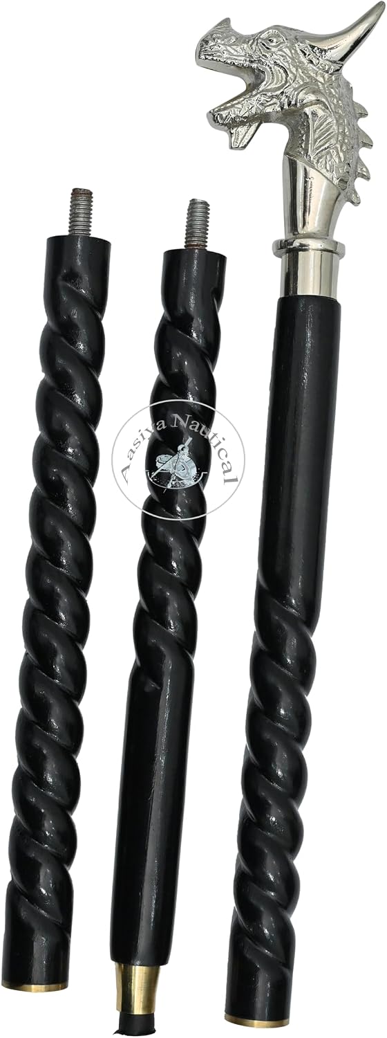 Dragon Head Walking Stick – Black Wooden Cane with Sculpted Aluminium Handle, Fantasy Spiral Shaft, Unique Medieval Costume Staff & Decorative Collectible Gift