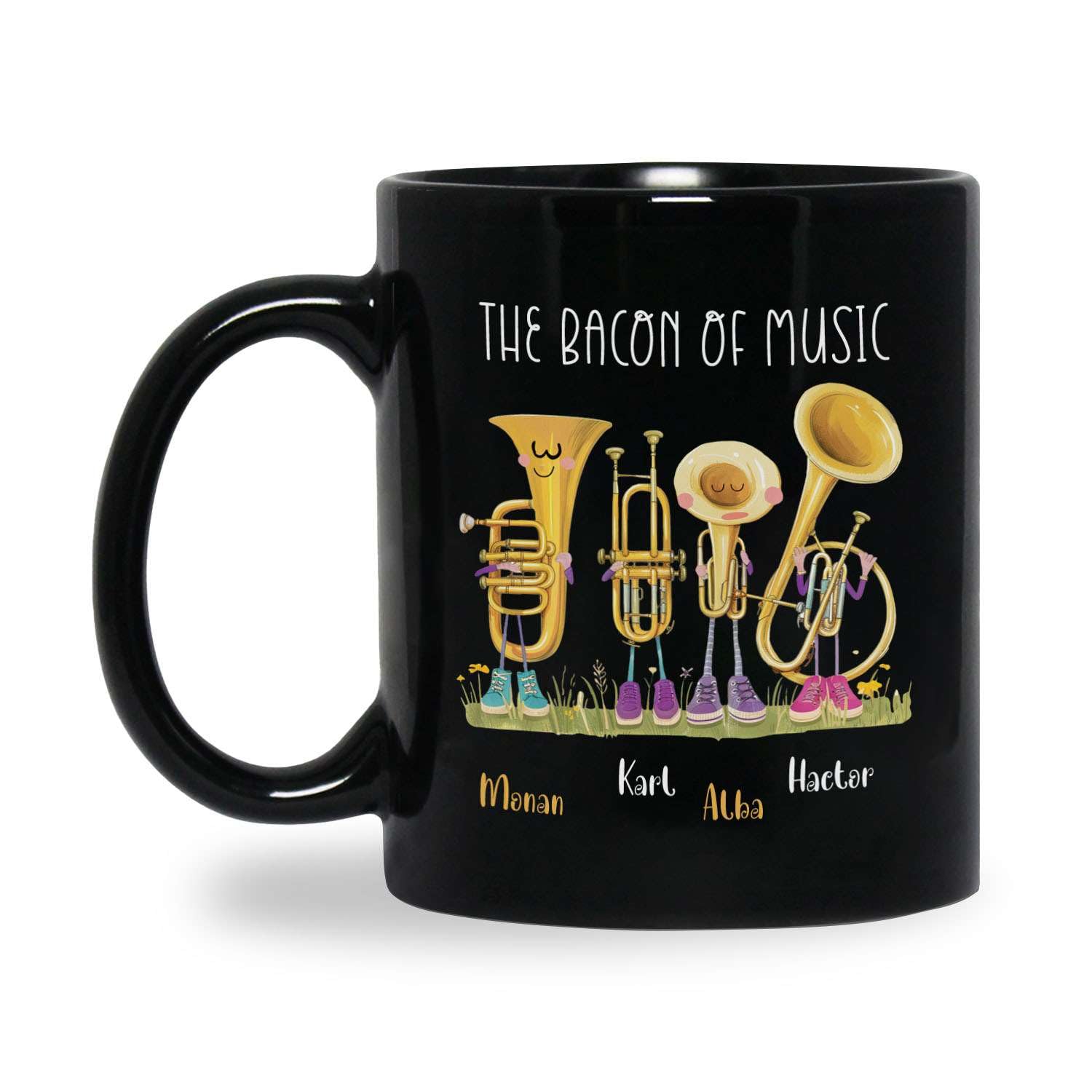 Personalized Brass Instrument Coffee Mug, Customized Name Trumpet Ceramic Cup, Instruments Wearing Shoes Design Mug, Custom Trumpet Black Cup 11oz 15oz, Gift For Trumpet Lovers