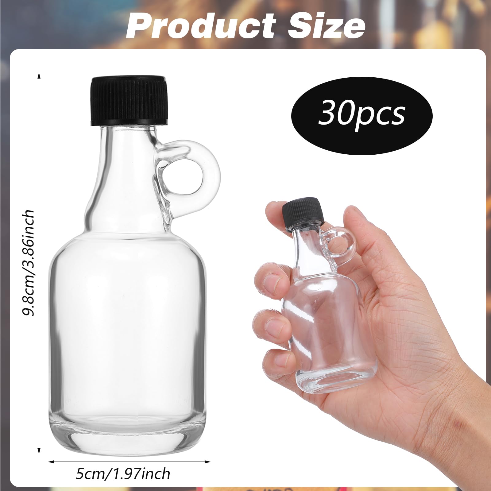 Lot de 30 bouteilles de sirop en verre avec poignée à boucle - 50 ml - Couvercles en plastique - Autocollants pour sirop d'érable
