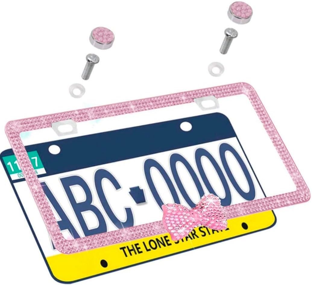 Fashion Car Ultra Bling Fashion License Plate Frame Cover Shiny Especially Brilliant. Stainless Steel Bright Rhinestones. Shiny (Pink Bow Pink)