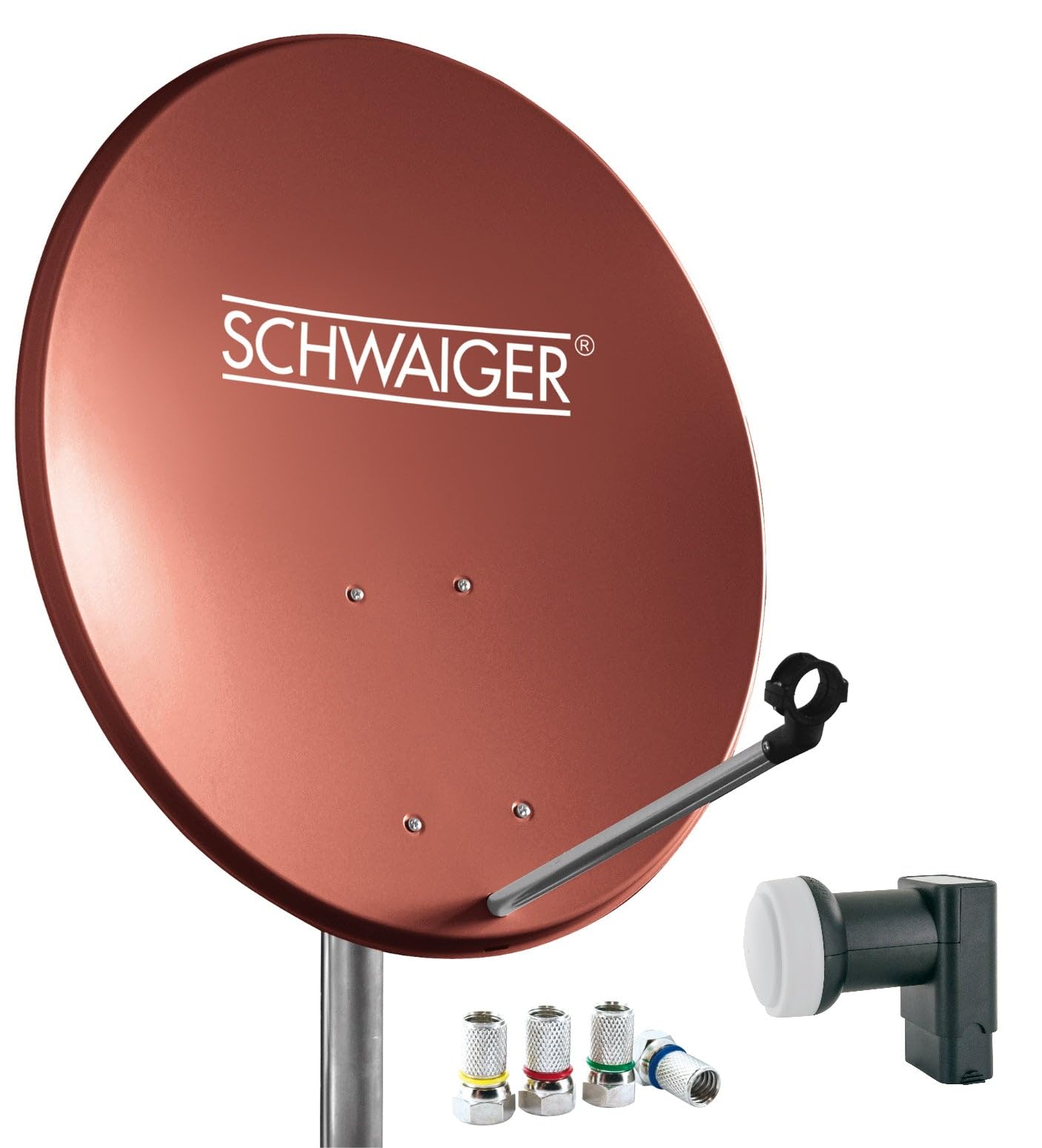 SCHWAIGER -494- System satelitarny | Antena satelitarna | 55 cm | Antena satelitarna stalowa | Podwójny konwerter | cyfrowy | 2 uczestników | 8 złącz F | 7 mm | 55 x 62 cm | ceglasty czerwony S (55 cm) ceglany (RAL8012)