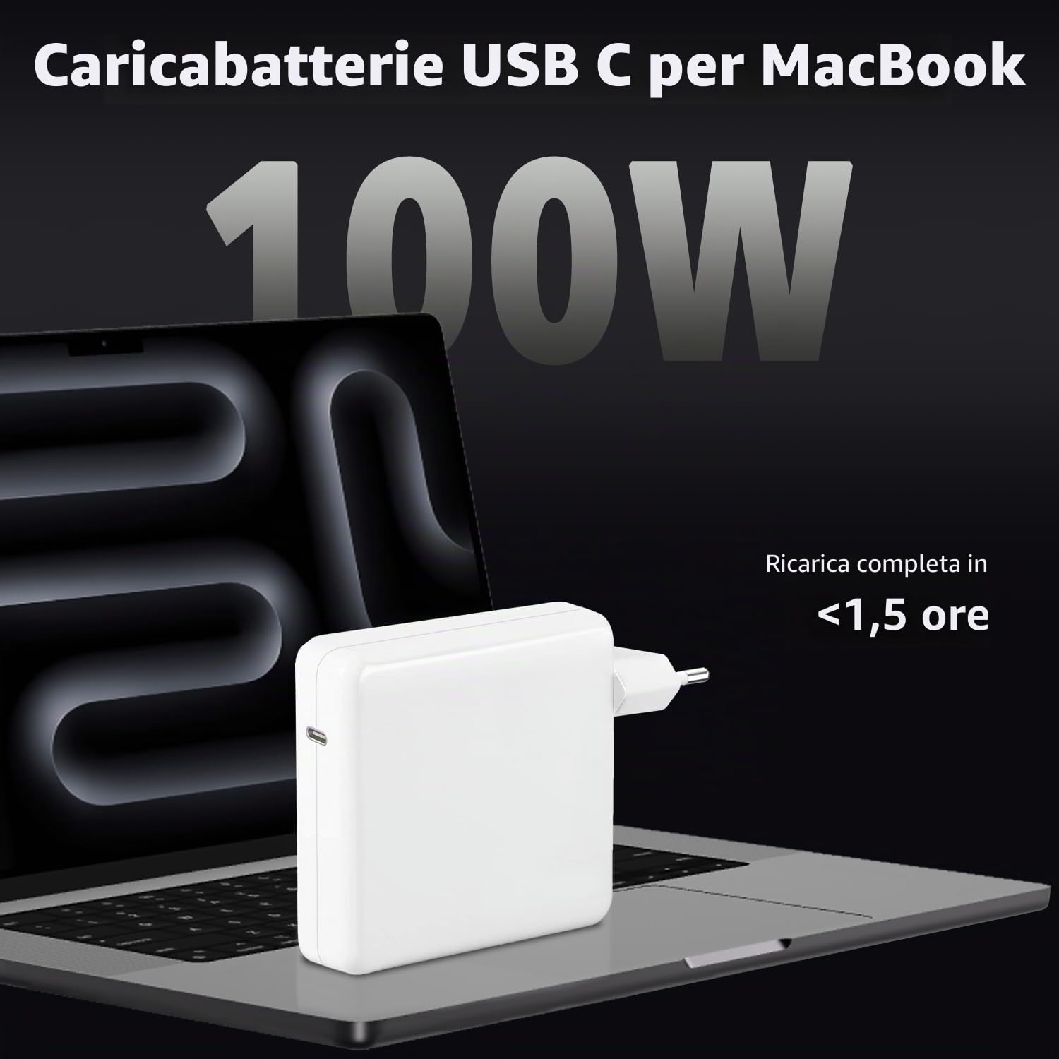 Caricatore USB C Tipo C 100W Alimentatore per Mac Book Air Mac Book Pro 13 14 15 16 pollici 2024 2023 2022 2021 2020, M1 M2 M3 Mac Laptop, iPad, Caricabatterie Rapido