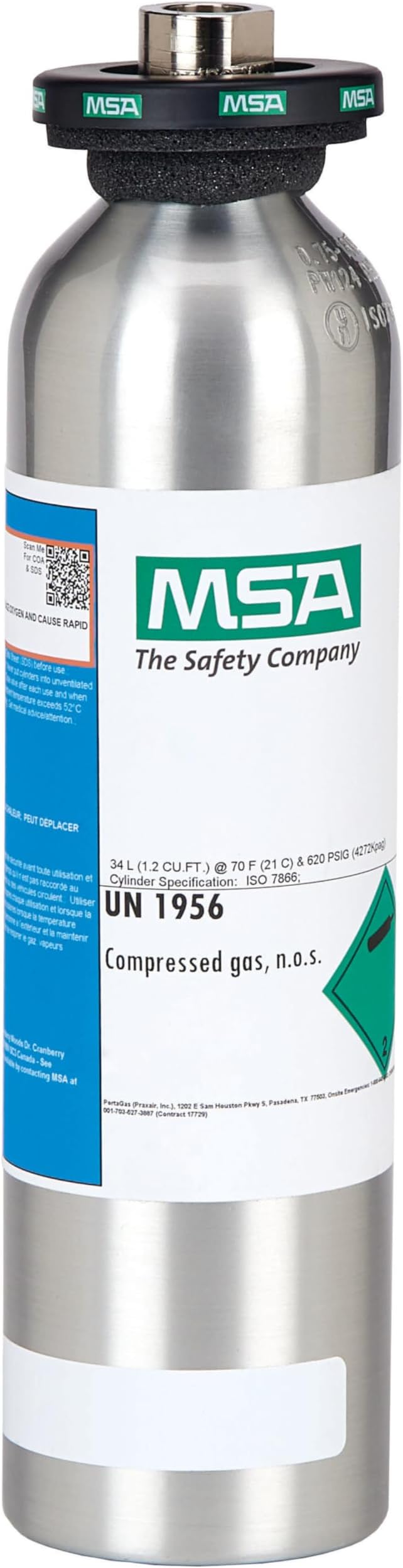 10048280 Calibration Cylinder, Aluminum Gas Bottle, 34 Liter, 1.45% CH4, 15% O2, 60 PPM CO, 20 PPM H2S, Galaxy GX2 System Test Stand Compatible, Multi-Use Air Tank