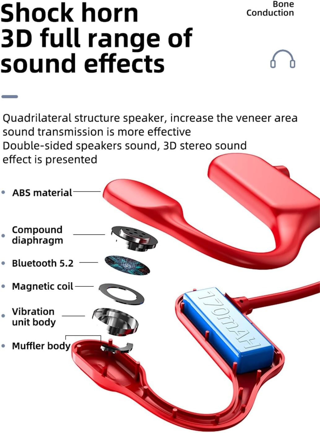 Bone Conduction Headphones - 2023 New Waterproof Bone Conduction Head Phones with Mic, 5.3 Open-Ear Earbuds Sports Headphones Ear Bone Running Music Headphones (Black) - Image 3