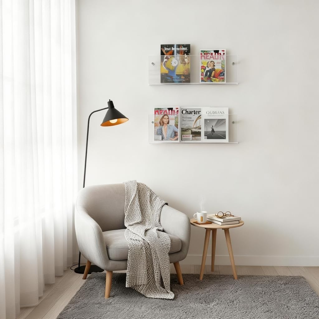 2-Pack Acrylic Magazine Holder Wall Mounted - Clear Wall Shelf Organizer for Books, Brochures, Mail, Office, Home, Living Room, Waiting Room Storage