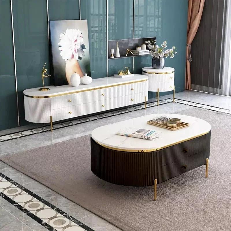 Image of Tesla Centre Table, White Marble Top with Gold Trim, Oval Modern Coffee Table with 2 Drawer Storage, Waterproof Plywood Base, PVD Metal Legs, for Living Room (Black)