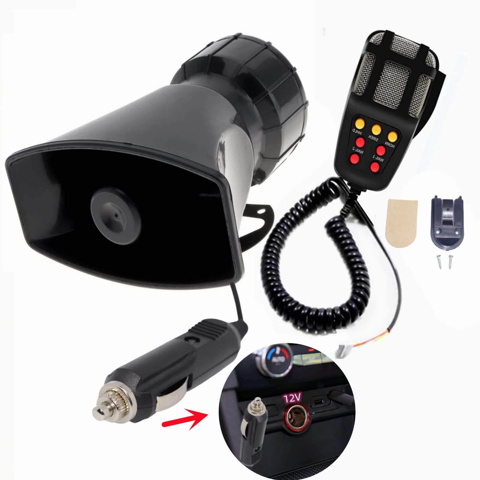 Clacson per Auto Collegare l'Accendisigari 130db Car Horn Amplificatore del Suono di Emergenza Sirena Con Microfono PA 7 Toni per 12V Macchina Barca