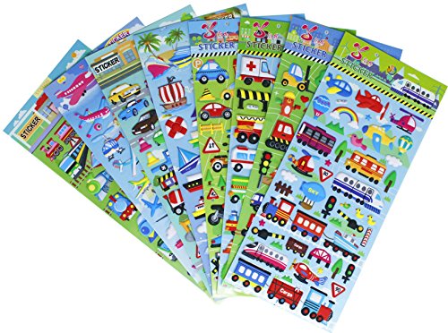 HighMount Transportation Stickers 8 Sheets with Car, Airplane, Steamship, Train, Motorcycle - PVC Transportation Stickers for Kids - 320 Stickers