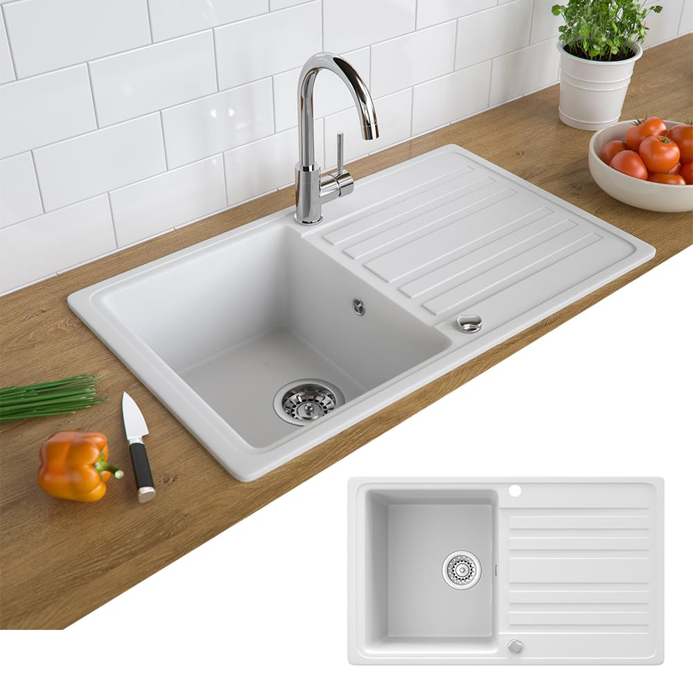 Bergström Fregadero, Blanco, 76.5 x 46 cm | con tendedero, instalable en ambos lados para un montaje flexible en la cocina