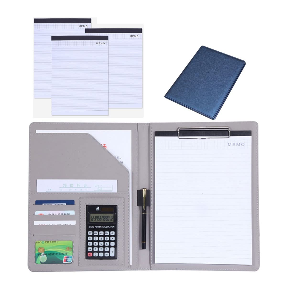 Porte Documents A4 Portfolio Multifonctionnel Folder en Cuir Professionnelle Dossier De Conférence pour Homme Femme Bloc Notes Rechargeable 25 Feuilles De Papier Lot De 4 (Color : Blue)