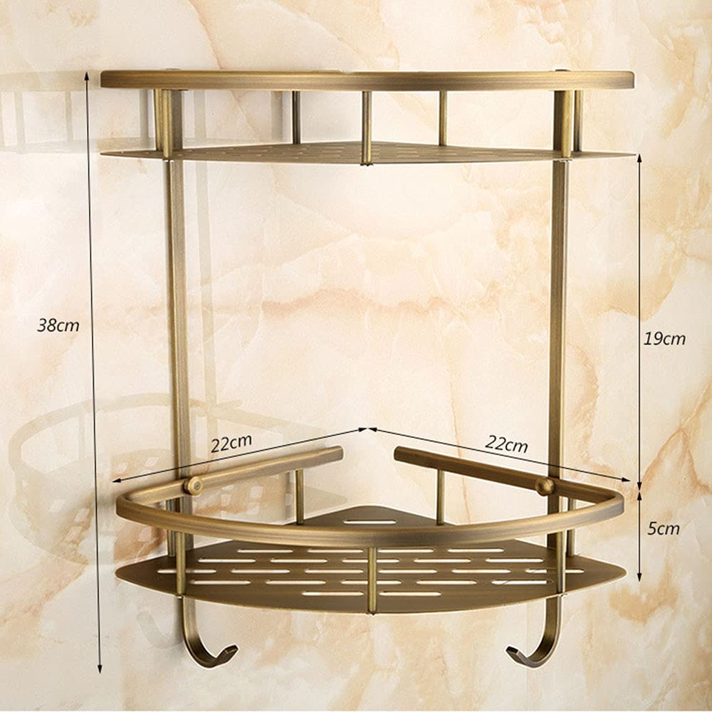 Organizador de ducha de baño montado en la pared, estante esquinero de 2 niveles, cesta de almacenamiento con gancho, bronce antiguo, soporte para champú, organizador de baño para pared de ducha