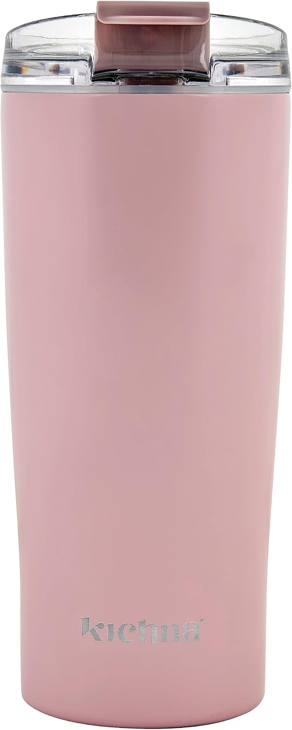 Brewer Travel Coffee Tumbler with Flip Lid Lock | Double Walled Stainless Steel Vacuum Travel Mug | BPA Free Lid Leak & Spill Proof | Keep Cold for 14Hrs or Hot for 3Hrs 550ml - Blush Pink