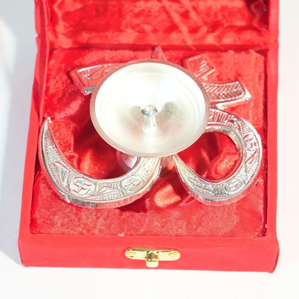 HANDICRAFTS Traditional Diya with Velvet Box for Pooja, Diwali, Home Decor Jyot Diya Oil Lamp | Pooja Articles and Pooja Items for Home Temple Diya with Decorative Design (OM Silver Diya)