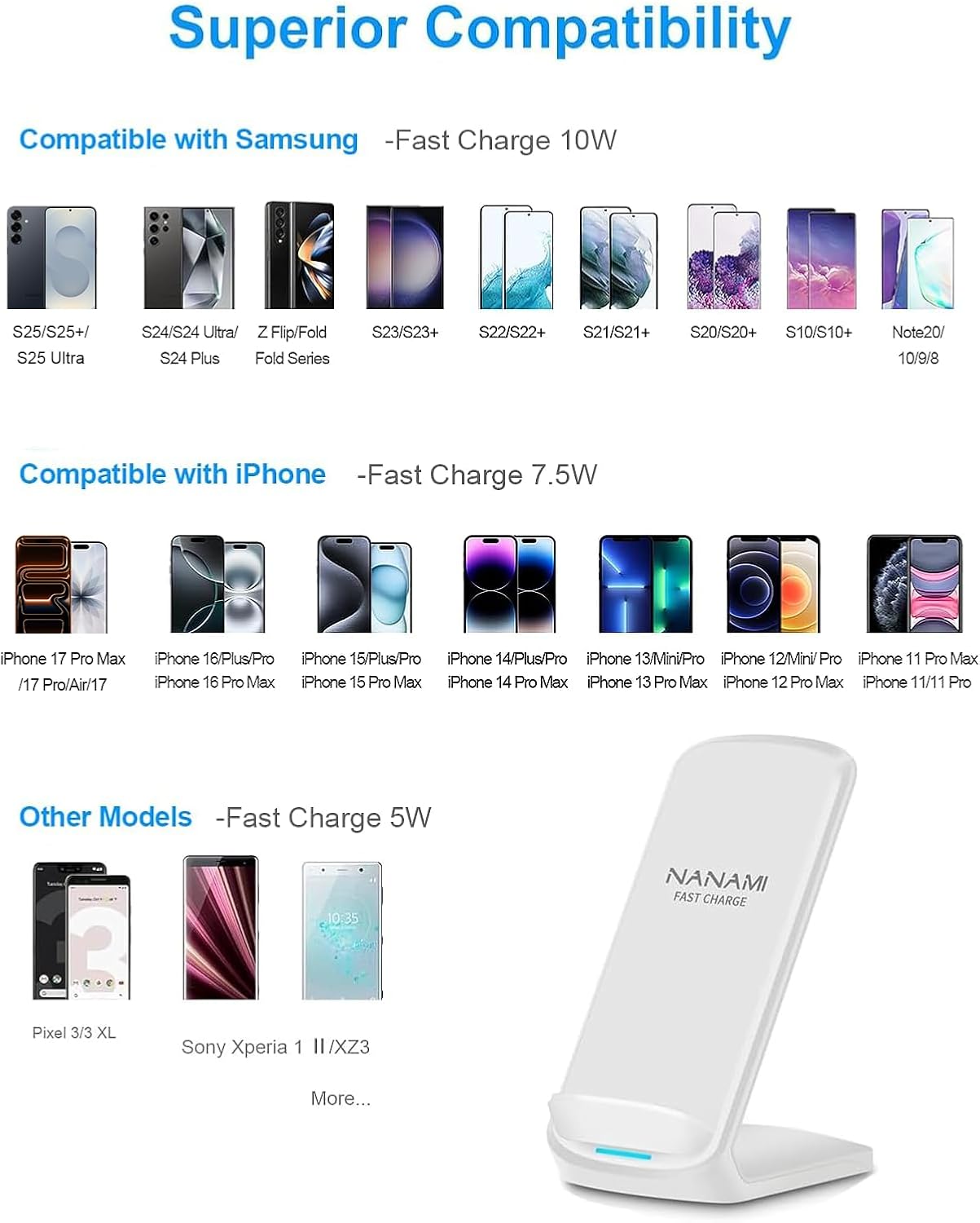 NANAMI Fast Wireless Charger, 10W Max Wireless Charging Stand with PD20W Adapter Charger Compatible for iPhone 17/17 Air/17 Pro/17 Pro Max/16/15/14/13/12,Samsung Galaxy S26/S25/S24/S23/S22/S21/Note 20