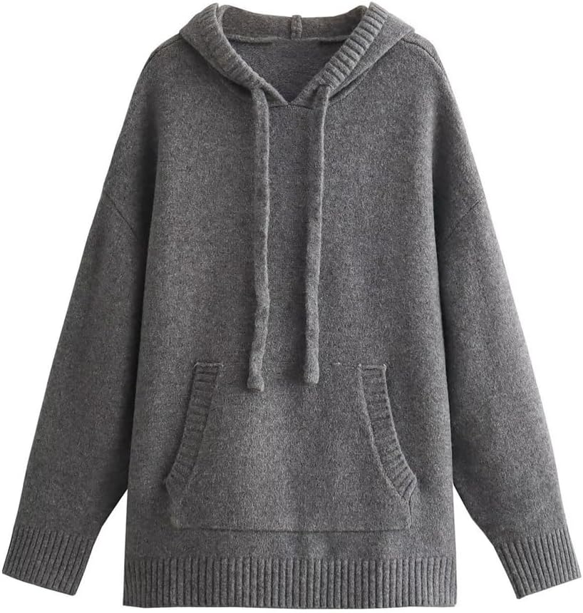 Autumn and Winter Women's Solid Color Loose Hooded Sweatshirt Long Sleeve Knit Sweatshirt