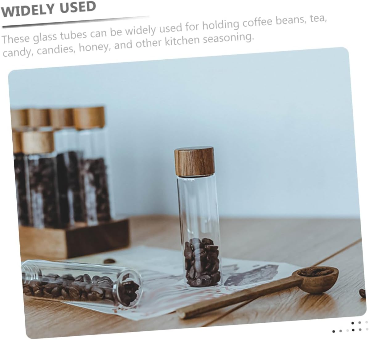 Coffee Bean Storage Jars Glass Tubes with Airtight Seal 6pcs Set Including Wooden Display Stand for Kitchen Countertop Organization