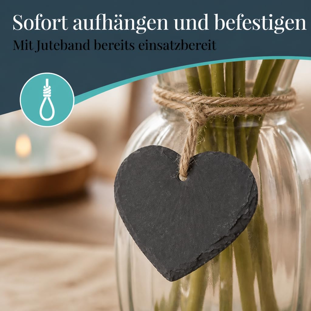MIJOMA Schieferherzen 7x7cm – 18er Set Anhänger aus Naturschiefer mit Juteband in Holzbox – DIY Dekoration & Geschenkanhänger beschriftbar, rustikal & kreativ