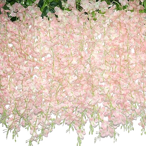 ZINHO 60 Branches Wisteria Hanging Flowers, Artificial Pink Wiste...