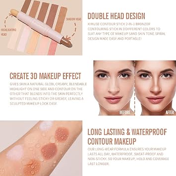 KIMUSE 2 Color Dual Cream Contour Stick, Highlight & Contour Bronzer Stick, Long Lasting & Waterproof Contour Sticks Kit for Light Skin Face Makeup