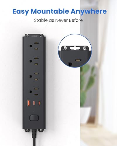 Miniatura 5 de Regleta protectora contra sobretensiones con USB C de 30 W, 4 tomas de corriente para montaje en pared, puertos USB de 3 x 30 W (2 USB-C, 1USB-A),