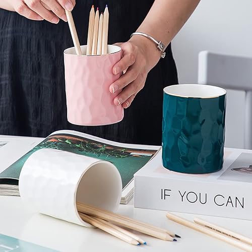 Miniatura 2 de Soporte de cerámica para bolígrafos, organizador de brochas de maquillaje para escritorio de oficina en casa (rosa)
