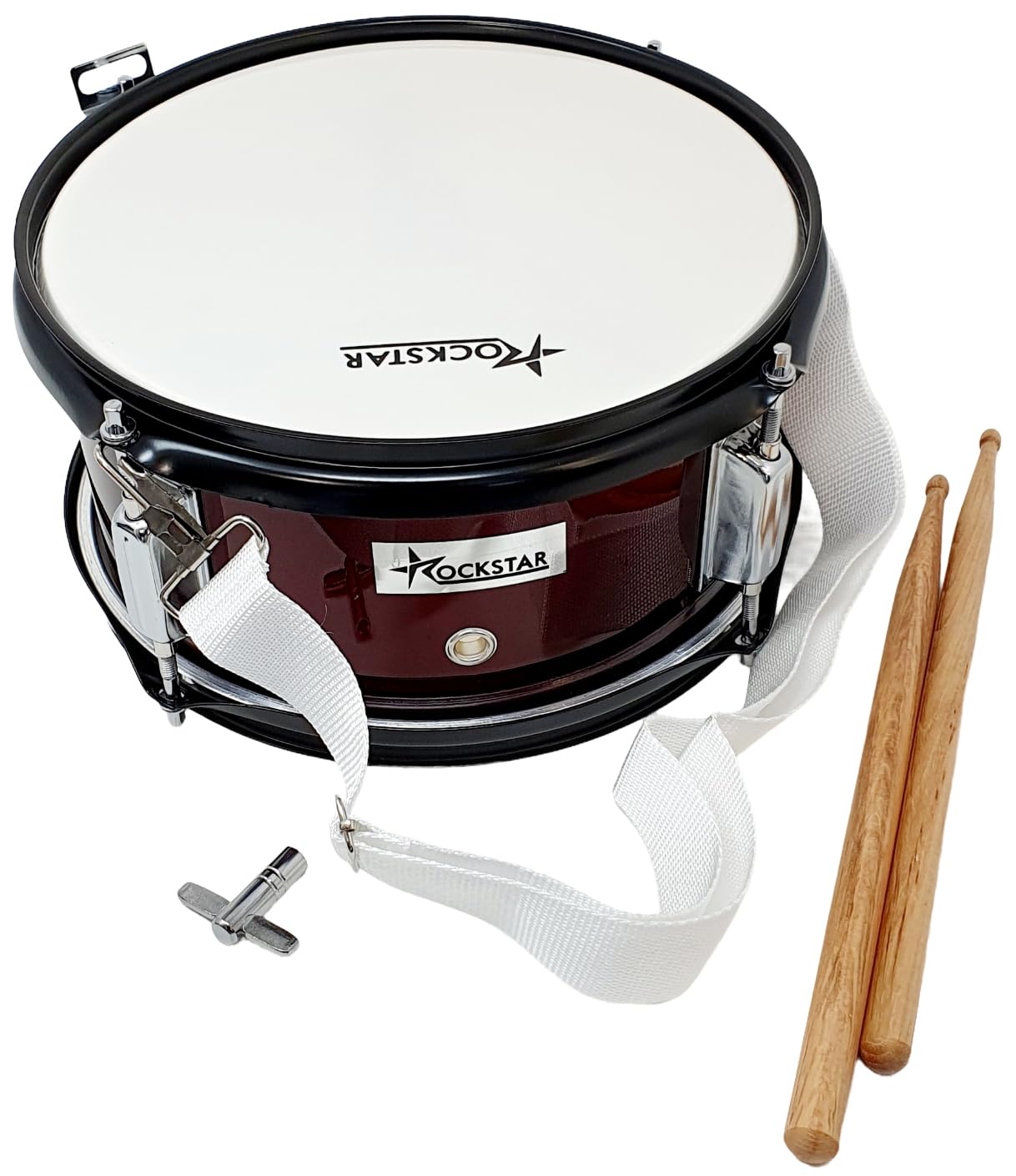 ROCKSTAR - Caja de Marcha en Madera Afinable JINBAO 1055WR-4054 Tambor Incluye Correa y Baquetas, Instrumento Musical de Percusión, Parche afinable y bordonero. 26cm Diametro y 13cm Altura