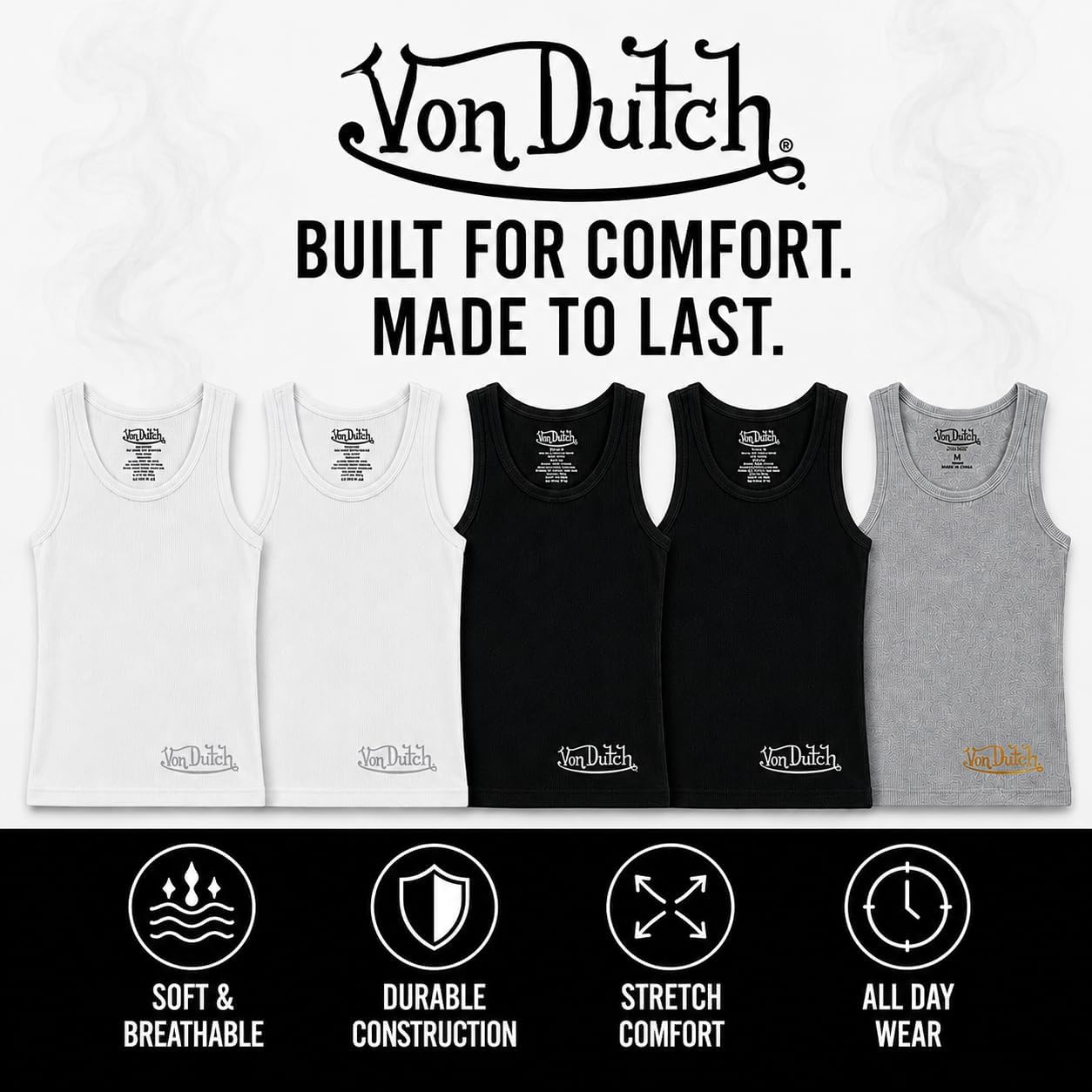 Von Dutch Mens Tank Tops - 5 Pack Soft Cotton A-Shirts for Men, Sleeveless Classic Mens Undershirts for Everyday Wear