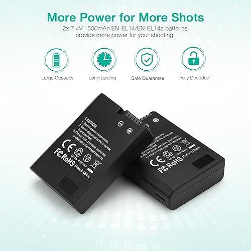 Miniatura 2 de FirstPower Batería EN-EL14EN-EL14a (paquete de 2, 1500 mAh) para Nikon D3500 D3400 D3300 D3200 D3100 D5600 D5500 D5300 D5200 D5100 DF Coolpix P700
