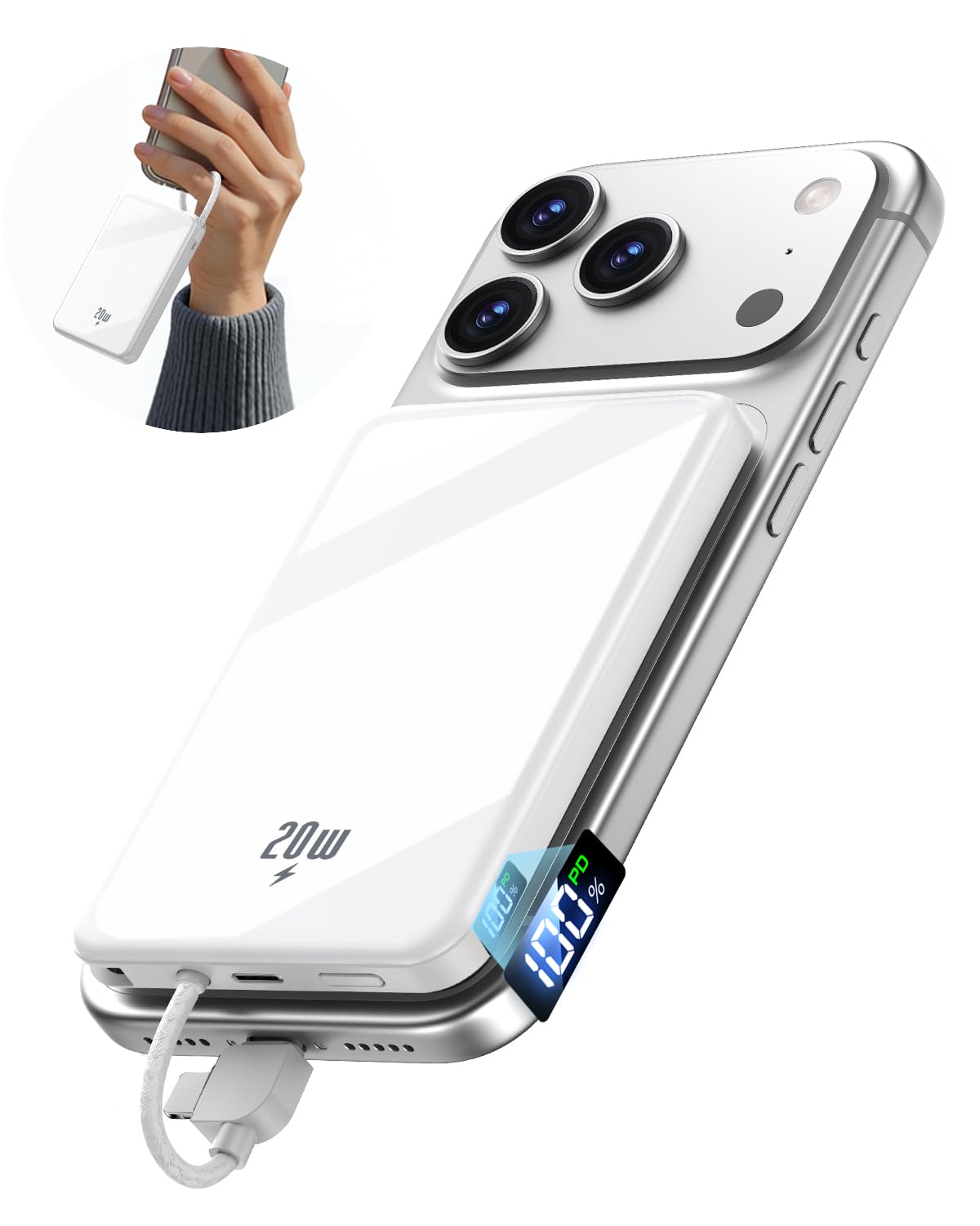 golioklsy Cargador portátil, cargador de teléfono de 10000 mAh con cable integrado, carga rápida PD de 20 W, paquete de batería delgado con pantalla LED, esencial de viaje para iPhone 17/16/15/14