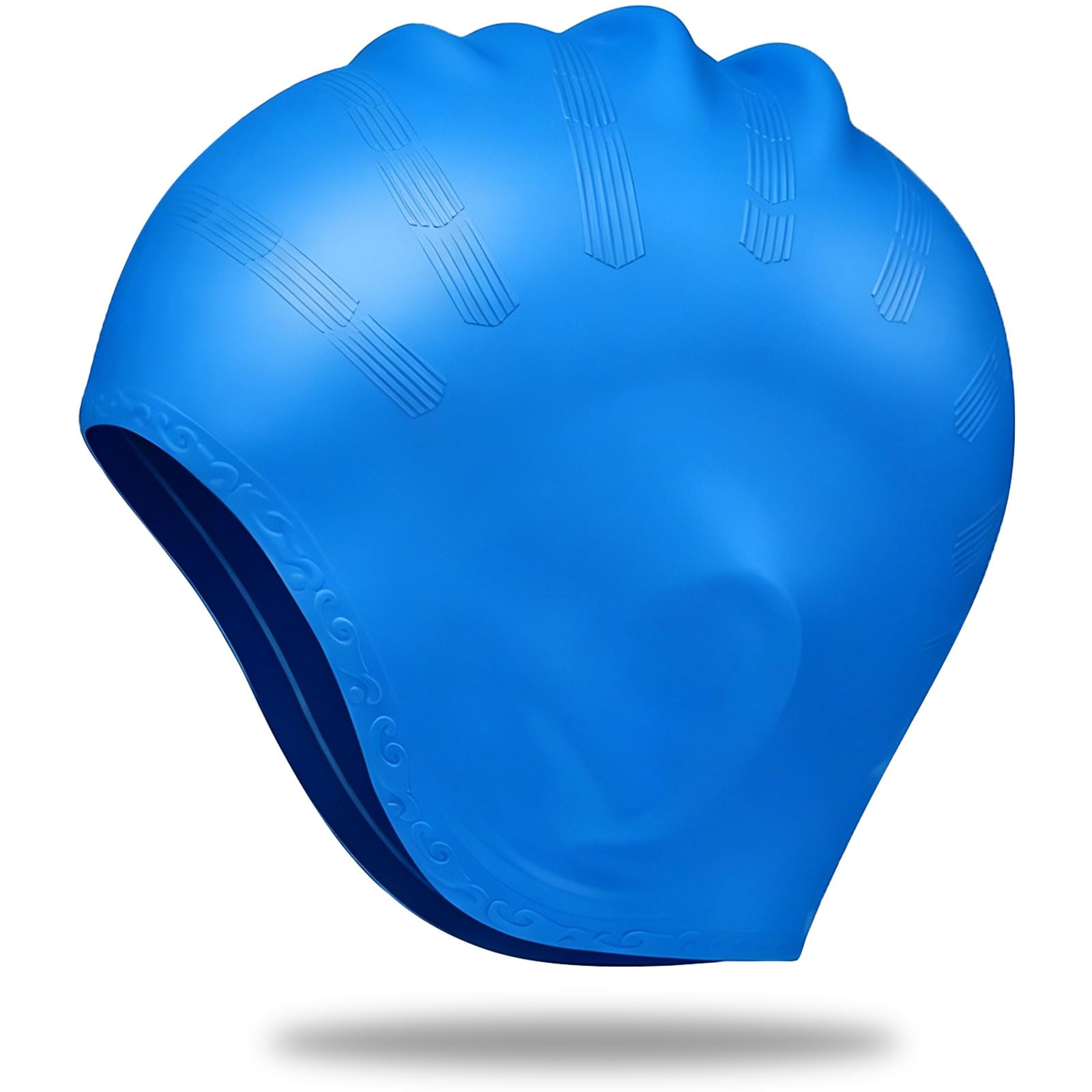 Silicone Swiming Cap, Swim Hat 3D Ear Protection, Waterproof Swimming Caps, Large Swimming Cap Ear Flaps, Lightweight Elastic Anti slip, Fits for Long Short Hair, Women Men, Adult Youth (Blue)