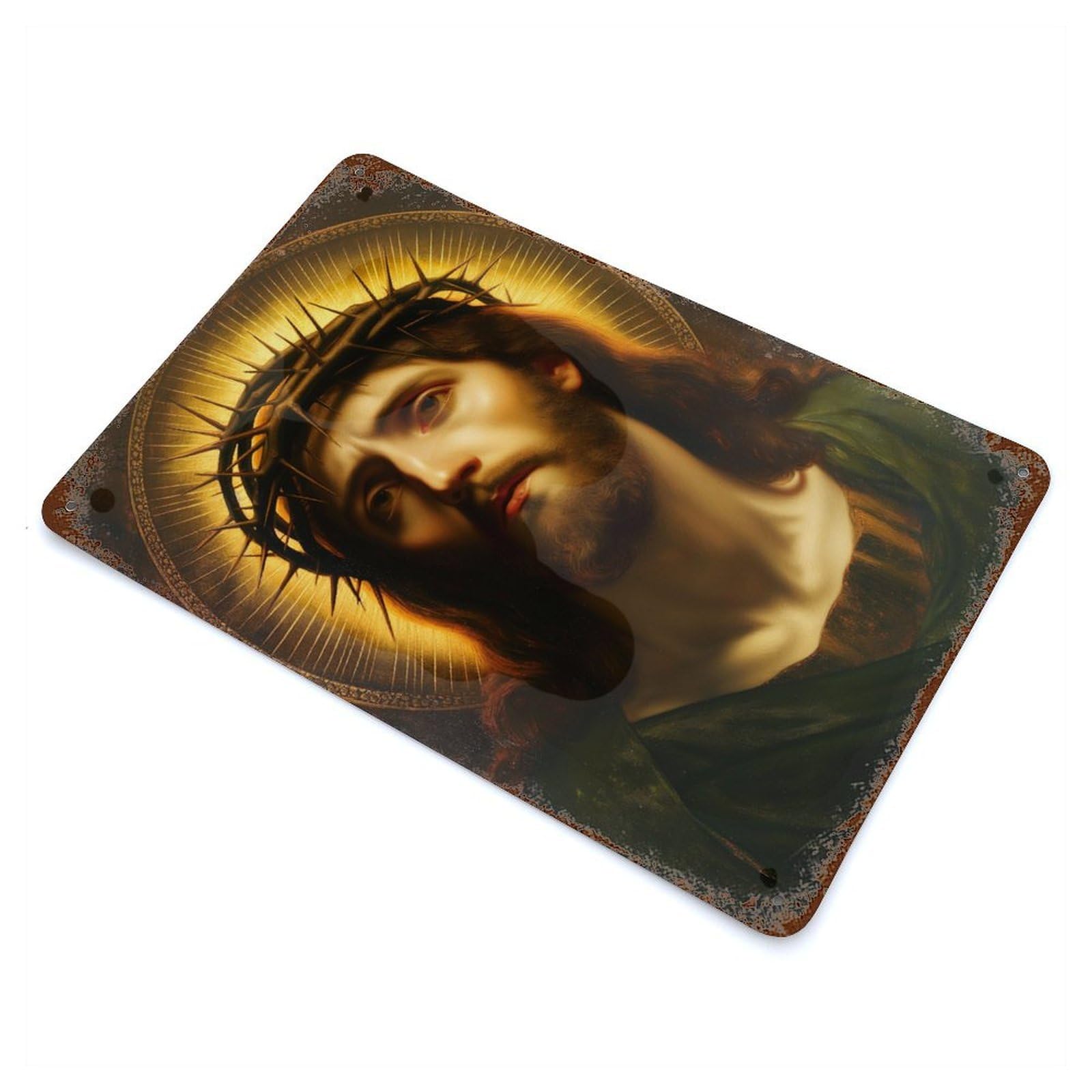 Retro Metal Sign with Jesus Christ with Crown of Thorns Design 11.8"x7.9", for Living Room, Hallway And Home Decor, Vintage Wall Decor