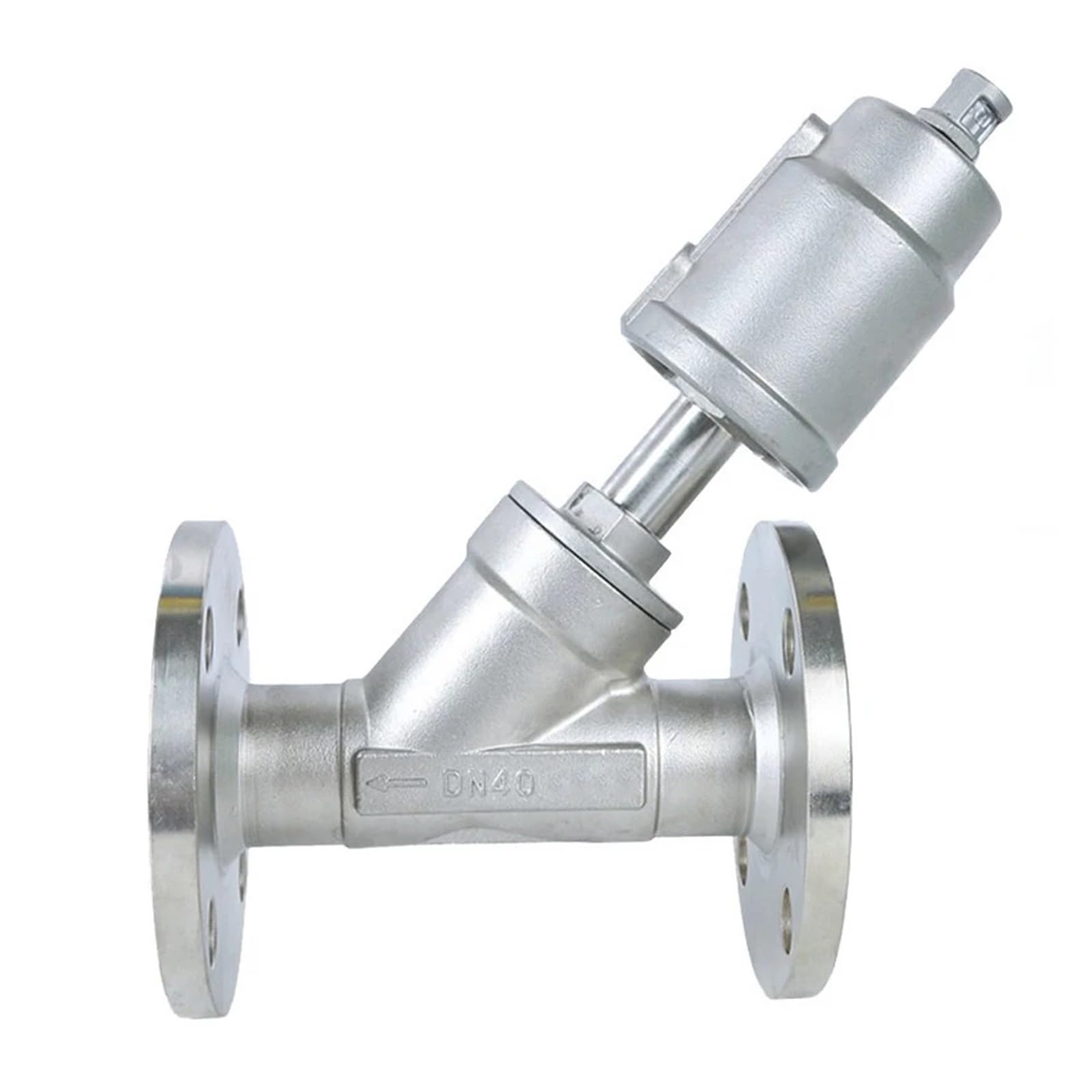 TPKMVGAP DN40 304 Stainless Steel Y Type Pneumatic Actuated Angle Seat Valve Steam Water Dryer Valve Double Acting Mode(Double Acting)