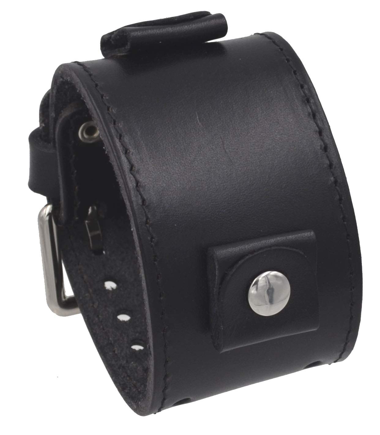 Nemesis LBB-KK 24mm Lug Width Wide Black Leather Cuff Wrist Watch Band with Black Stitching