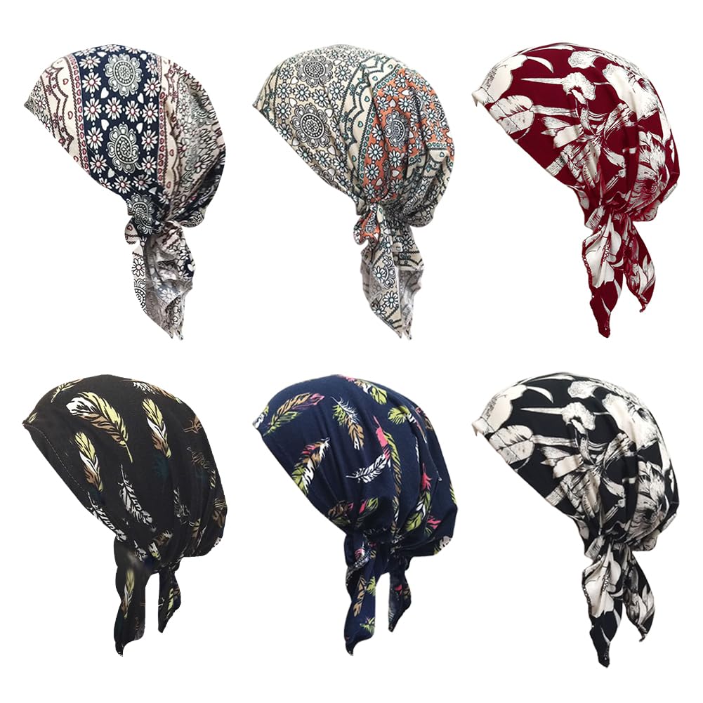 Chemo-Kopfbedeckung für Damen, vorgebundene Kopftücher, Turban, Beanie-Mützen, Krebs, Kopftuch für Haarausfall, 6 Stück