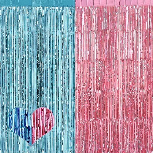 Image of 4 Pack 3.2Ft x 6.6Ft Pink Blue Fringe Curtain Backdrop, Metallic Tinsel Foil Fringe Streamers Curtains Background for Photo Booth Wedding Gender Reveal Backdrop Boy or Girl Birthday Party Decoration