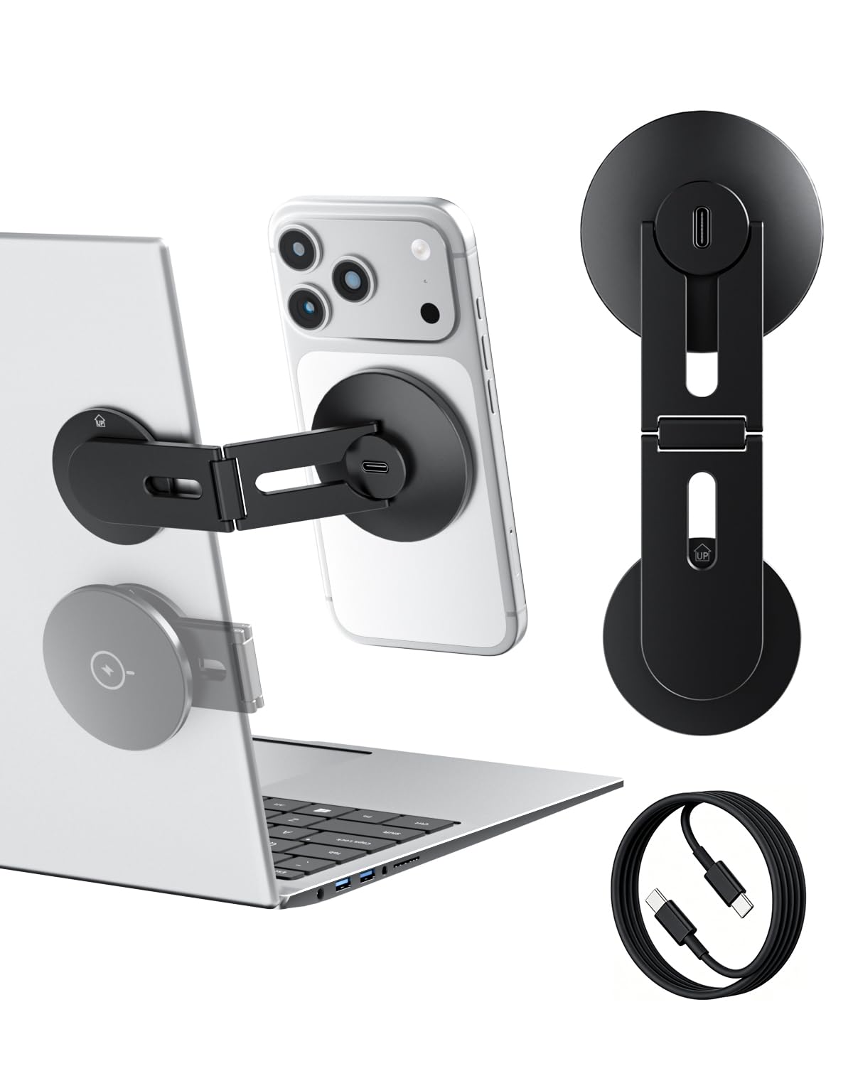 Soporte Magnético para Teléfono y Portátil con Carga Inalámbrica 15W, Soporte Plegable Compatible con MagSafe para iPhone 17/16/15/14/13/12, Monitor y Tesla 3/Y/S/X, Negro, Aluminio