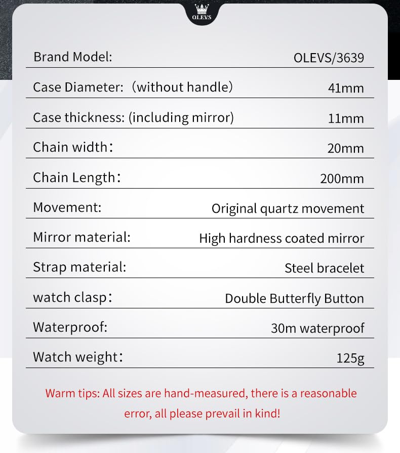 OLEVS watch with stainless steel bracelet and push button hidden clasp